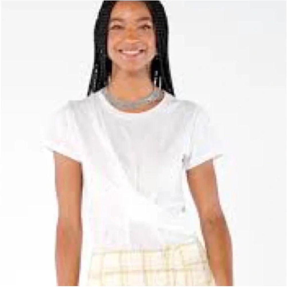 CAbi Swag T-Shirt in white top distinctive pleated crossover waist detail NWOT S